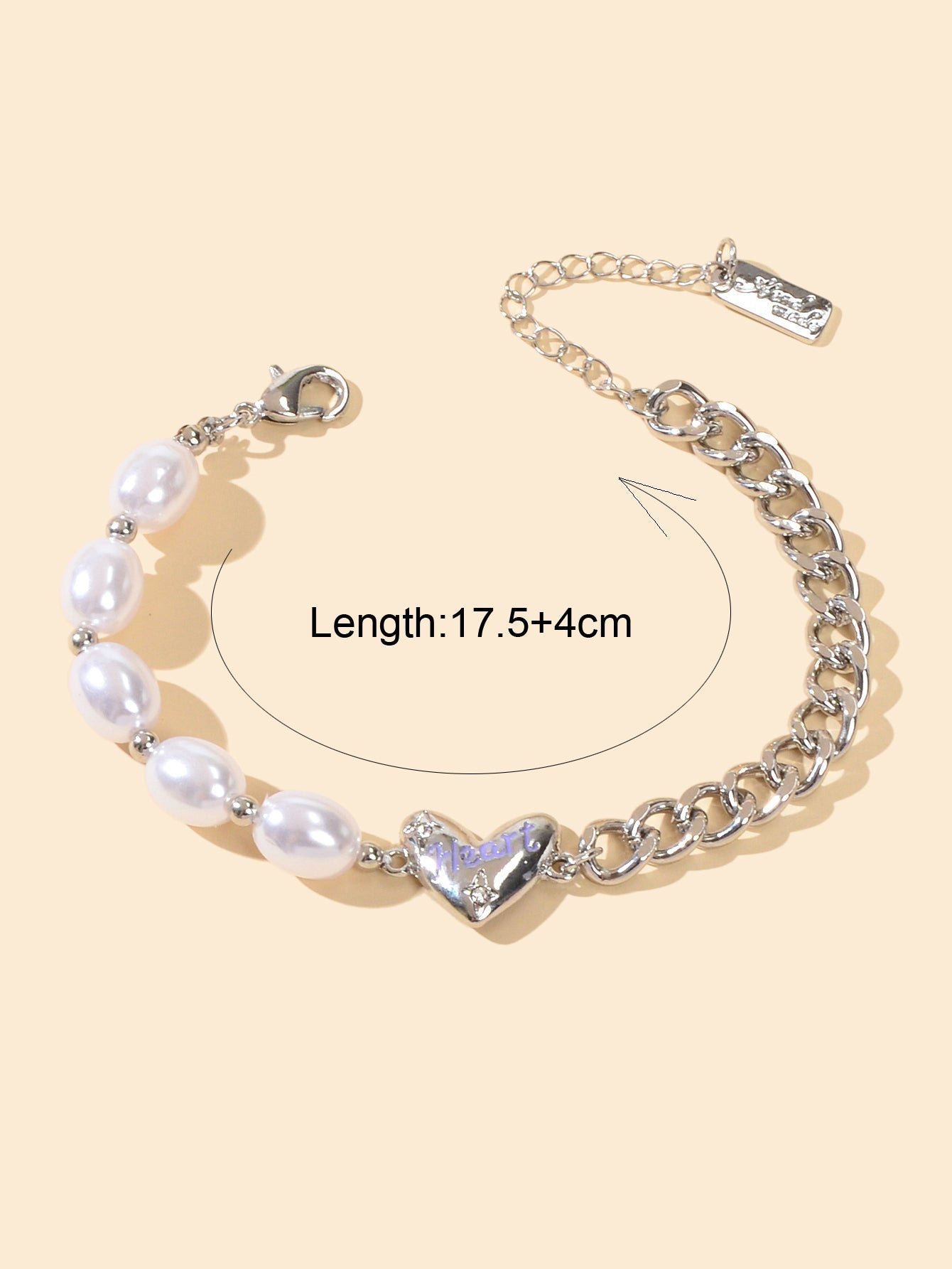 Retro Silver Pearl Beads Chain Letter Love Heart Charm Bracelet Textured Jewelry